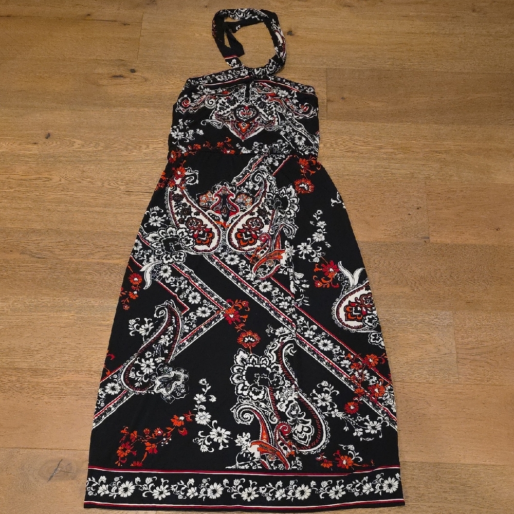 White House Black Market Black and Red Paisley Midi Dress